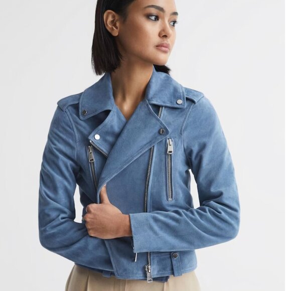 Reiss Santiago Suede Biker Jacket 100% goat leather women's size 6 - Picture 2 of 8